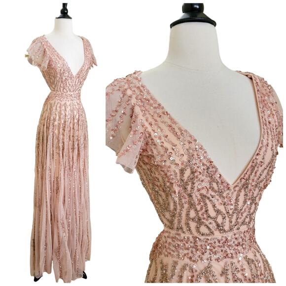 Mac Duggal 5682 Apricot Peach Pink Sequin Beaded Flutter Sleeve Gown Dress 14 - Picture 1 of 13